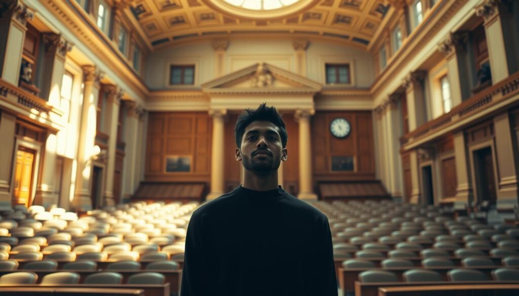 A sun-dappled courtroom, its grand architecture and soaring ceilings exuding a sense of dignity and gravitas. In the foreground, a figure stands tall, their face alight with the spark of free expression, a testament to the power of the human voice. Behind them, a vast expanse of empty benches, symbolic of the forum choice that has been exercised, while a ticking clock in the background hints at the pressing deadlines that shape the legal landscape. The scene is suffused with a sense of solemnity and resolve, capturing the essence of the Supreme Court's ruling on the case.
