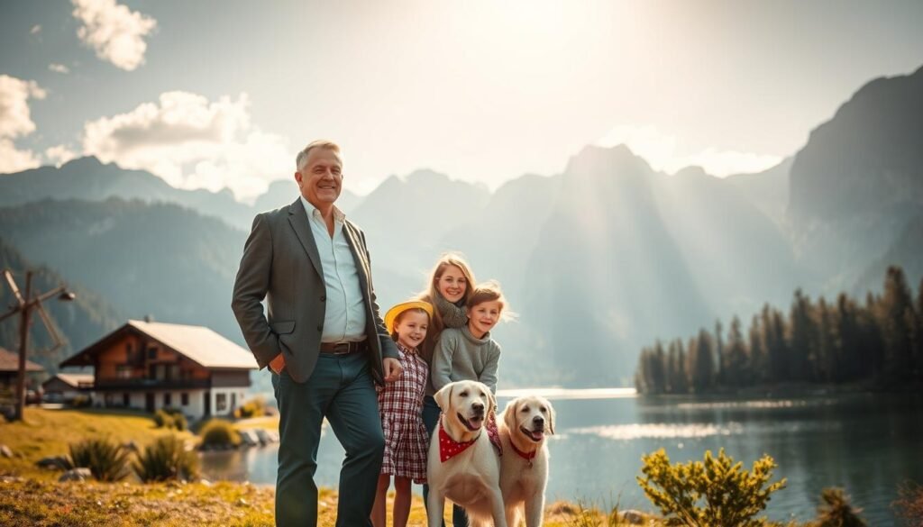 A sun-dappled mountainous landscape in Switzerland, with a charming chalet nestled amidst towering peaks. In the foreground, a well-dressed middle-aged man and his family - his wife, two children, and a beloved dog - stand together, their expressions radiating joy and anticipation. The man's posture conveys a sense of contentment and relaxation, hinting at the early retirement he has planned. The background features a tranquil lake, its surface reflecting the surrounding natural beauty. Warm, golden lighting and a soft, dreamlike atmosphere create a sense of peaceful contemplation, evoking the excitement and serenity of the family's upcoming Swiss adventure.
