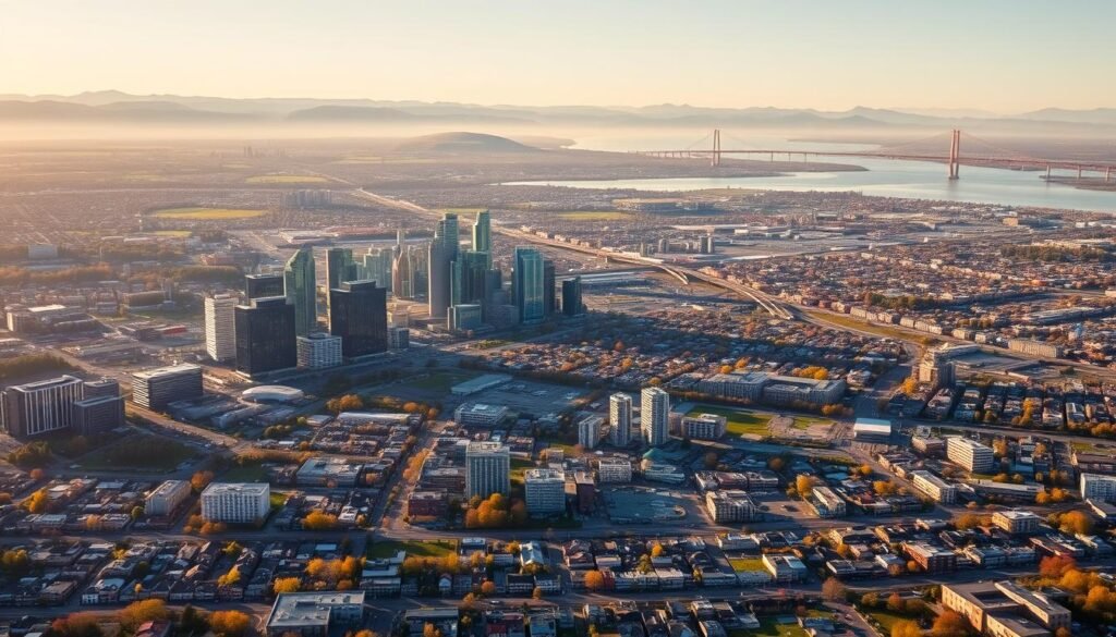 A sweeping aerial view of the Greater Montreal region, encompassing the vibrant cities of Montreal, Laval, St-Jérôme, and Brownsburg-Chatham. The landscape is dotted with a mosaic of neighborhoods, each with its own distinct character. The iconic skyscrapers of downtown Montreal stand tall, their glass facades reflecting the sunlight. In the distance, the rolling hills of the Laurentian Mountains provide a picturesque backdrop. Bridges spanning the St. Lawrence River connect the various communities, facilitating the flow of people and commerce. The scene is bathed in a warm, golden glow, creating a sense of tranquility and prosperity throughout the region.