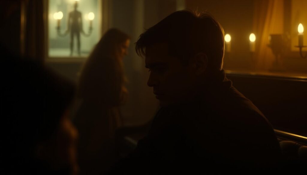 A thoughtful, cinematic composition depicting the influence of "Le parloir" on the staging and rhythm of a documentary film. Set in a dimly lit, atmospheric interior, the frame is filled with a palpable sense of anticipation and contemplation. Soft, warm lighting illuminates a central figure, their face partially obscured, deep in concentration. The background is shrouded in shadow, hinting at the presence of unseen subjects or elements that contribute to the film's narrative structure and pacing. The overall mood is one of introspection and artistic exploration, capturing the essence of the documentary's creative process.