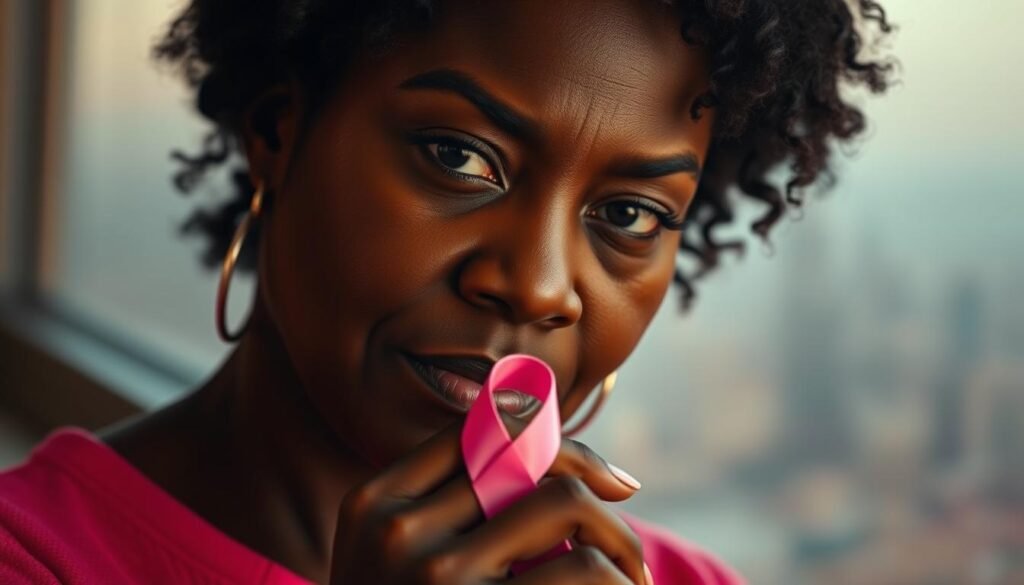 A thoughtful, somber portrait of a Black woman facing breast cancer, her eyes filled with determination. The scene is bathed in warm, diffused lighting, creating a contemplative atmosphere. In the foreground, her hands clasp a symbolic pink ribbon, a powerful symbol of the breast cancer awareness movement. The middle ground features a serene, blurred cityscape, representing the broader societal landscape she navigates. The background is a soft, muted gradient, allowing the subject to be the central focus. Evocative and impactful, this image aims to capture the resilience and the urgent need to address the mortality gap that Black women with breast cancer face.