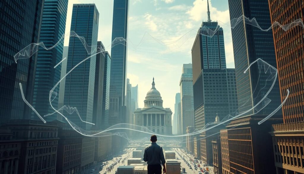 A vast cityscape of towering skyscrapers, their glass facades casting long shadows across the bustling streets below. In the foreground, a lone figure stands, the weight of economic turmoil etched upon their face. Swirling around them, a vortex of data and charts, reflecting the 2008 financial crisis that shook the foundations of global markets. In the background, the halls of power, where the policies of a new administration - led by the determined gaze of President Obama - chart a course forward, its implications rippling across the Canadian border. The scene is one of uncertainty, but also of resilience, as the nation navigates the challenges of a changing economic landscape.