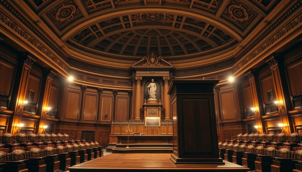 A vast courtroom interior, illuminated by warm, focused lighting. In the foreground, a towering mahogany podium stands, the surface polished to a glossy sheen. Behind it, a majestic curved bench rises, adorned with intricate carvings and the emblems of justice. In the middle ground, the audience gallery extends, rows of carved oak seats facing the central stage. The background is dominated by a grand, arched ceiling, its intricate patterns casting shadows that dance across the room. The atmosphere is one of solemn reverence, the weight of the law palpable in every detail.