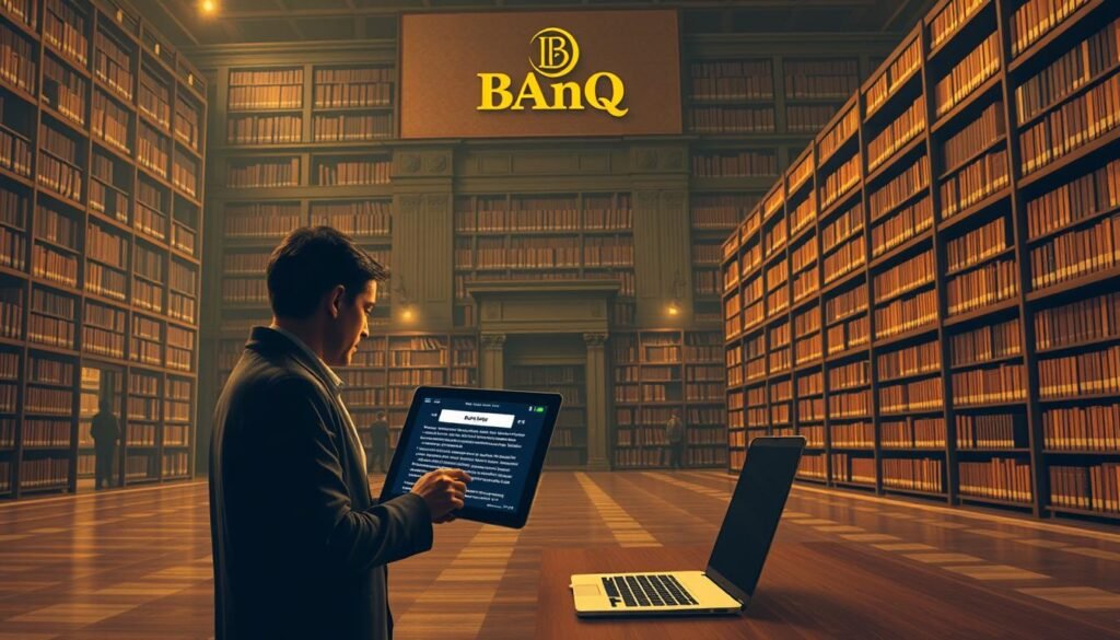A vast, imposing archival repository stands proudly, its façade adorned with the BAnQ logo. In the foreground, a researcher navigates a labyrinthine digital interface, grappling with a daunting CAPTCHA challenge. The scene is bathed in warm, contemplative lighting, conveying the weight and importance of the task at hand. Shelves of meticulously organized records stretch into the distance, hinting at the wealth of historical information waiting to be unlocked. The overall mood is one of scholarly determination, as the researcher strives to overcome bureaucratic hurdles and uncover the treasures held within the Quebec archives.