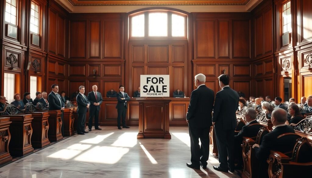 A vast, sun-drenched courtroom, the wooden paneling and marble floors reflecting the warm light from large windows. At the center, a prominent "For Sale" sign stands atop a gleaming mahogany podium, highlighting the Laval real estate property being auctioned off. In the foreground, well-dressed lawyers and officials converse in hushed tones, their expressions a mix of seriousness and anticipation. The background is filled with rows of elegant, carved benches where observers watch the proceedings unfold, casting long shadows across the scene. A sense of formality and legal authority pervades the atmosphere, underscoring the gravity of the court-approved real estate transaction. A vast, sun-drenched courtroom, the wooden paneling and marble floors reflecting the warm light from large windows. At the center, a prominent "For Sale" sign stands atop a gleaming mahogany podium, highlighting the Laval real estate property being auctioned off. In the foreground, well-dressed lawyers and officials converse in hushed tones, their expressions a mix of seriousness and anticipation. The background is filled with rows of elegant, carved benches where observers watch the proceedings unfold, casting long shadows across the scene. A sense of formality and legal authority pervades the atmosphere, underscoring the gravity of the court-approved real estate transaction.