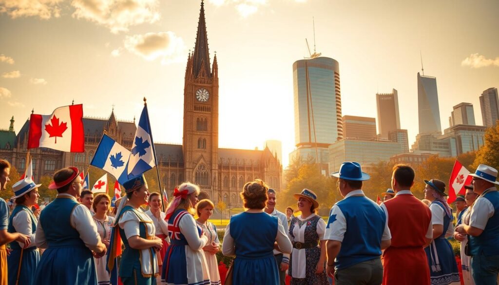 A vibrant and dynamic scene depicting the cultural and political differences between Québec and the rest of Canada. In the foreground, a group of people in traditional Québécois attire, including fleur-de-lis flags and blue-and-white outfits, engages in lively discussion. The middle ground features a towering Canadian Parliament building, contrasted by the more modest architecture of a Québécois government building. In the background, the iconic Notre-Dame Basilica stands tall, representing the strong Catholic heritage of Québec, while skyscrapers of a major Canadian city loom, symbolizing the more cosmopolitan and diverse nature of the rest of the country. Warm, golden lighting illuminates the scene, evoking a sense of cultural richness and historical significance.