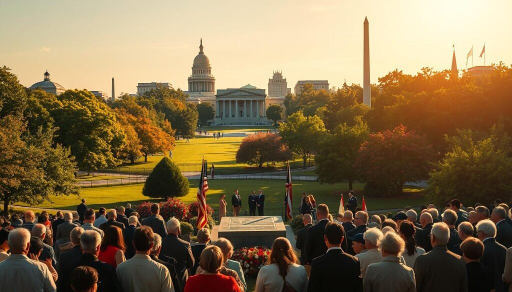 A vibrant and solemn scene of the National Patriots' Day celebration. In the foreground, a group of people gather solemnly around a monument, their faces filled with reverence as they pay tribute to the patriotic heroes of the past. The middle ground features a lush, verdant park, with trees and flowers in full bloom, creating a serene and tranquil atmosphere. In the background, stately buildings and monuments stand tall, casting long shadows that stretch across the scene, evoking a sense of history and grandeur. The lighting is soft and warm, casting a golden glow over the entire tableau, imbuing the scene with a sense of nostalgia and civic pride. The overall composition conveys the reverence and significance of the occasion, honoring the sacrifices and contributions of the nation's patriotic forebears.