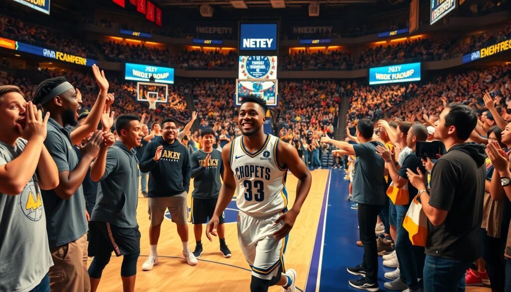A vibrant basketball court scene showcasing the iconic moments, witty exchanges, and unforgettable fan reactions that have defined the career of NBA champion Luguentz Dort. In the foreground, a group of fans animatedly reenacting their favorite Dort highlights, their expressions a perfect blend of joy and amusement. The middle ground features Dort himself, caught mid-stride, his face alight with a mischievous grin as he shares a lighthearted quip with teammates. The background offers a panoramic view of the arena, with the crowd erupting in thunderous applause, their energy and enthusiasm palpable. Warm, golden lighting casts a celebratory glow, while the dynamic camera angle and sharp focus bring the scene to life, capturing the essence of the unforgettable moments that have solidified Dort's place in the hearts of his devoted fans.