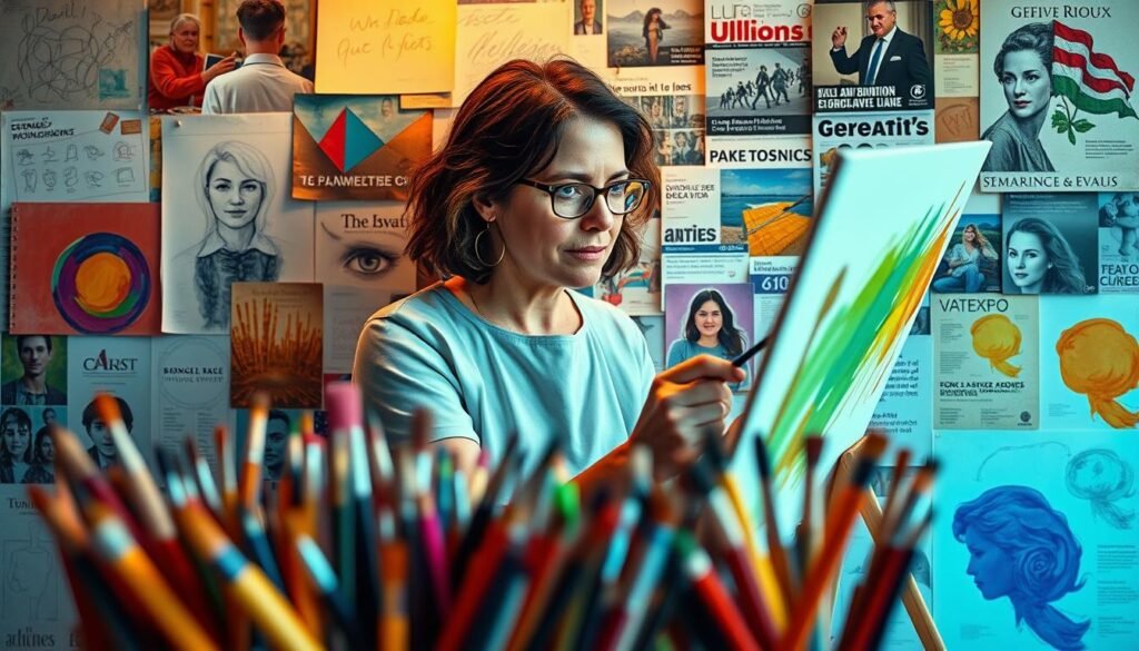 A vibrant, collage-like composition depicting the creative journey of an artist. In the foreground, an array of colorful paint brushes, sketches, and artworks convey a sense of artistic expression and experimentation. The middle ground features a central figure, Geneviève Rioux, engaged in the act of painting, her face and hands in focus, reflecting her dedication and passion. The background showcases a dynamic display of accolades, awards, and media coverage, symbolizing the recognition and acclaim her work has garnered. Warm, soft lighting illuminates the scene, creating a sense of warmth and inspiration. The overall composition evokes a harmonious balance between the creative process, the artist's personal narrative, and the external validation of her artistic accomplishments. A vibrant, collage-like composition depicting the creative journey of an artist. In the foreground, an array of colorful paint brushes, sketches, and artworks convey a sense of artistic expression and experimentation. The middle ground features a central figure, Geneviève Rioux, engaged in the act of painting, her face and hands in focus, reflecting her dedication and passion. The background showcases a dynamic display of accolades, awards, and media coverage, symbolizing the recognition and acclaim her work has garnered. Warm, soft lighting illuminates the scene, creating a sense of warmth and inspiration. The overall composition evokes a harmonious balance between the creative process, the artist's personal narrative, and the external validation of her artistic accomplishments.