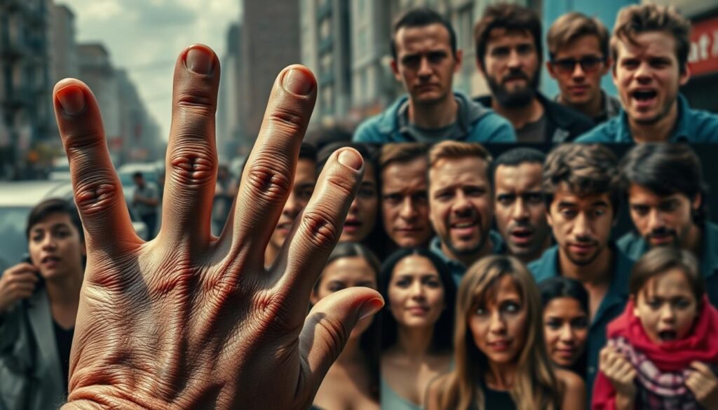 A vibrant collage showcasing the comparison between the slang term "FAFO" and common everyday expressions. In the foreground, a weathered hand gesture conveying the "FAFO" attitude, shot in a gritty, high-contrast style. The middle ground features a diverse array of facial expressions, ranging from surprise and confusion to nonchalance and defiance, all captured in a cinéma vérité aesthetic. The background blurs into a dynamic urban landscape, hinting at the everyday contexts where these expressions might arise. Dramatic lighting casts dramatic shadows, heightening the sense of drama and tension. The overall mood is one of raw, uncompromising honesty, inviting the viewer to ponder the nuances of interpersonal communication.
