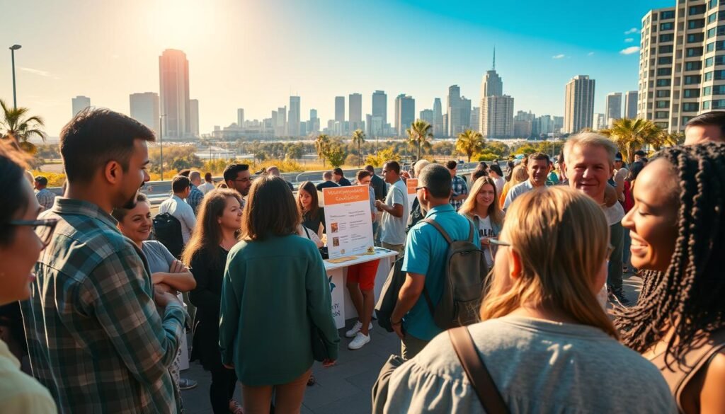 A vibrant community gathering, people of all ages and backgrounds come together in a lively outdoor setting. The foreground features individuals of diverse ethnicities engaged in lively conversations, sharing smiles and gestures of warmth. In the middle ground, a series of donation booths and information stations, staffed by volunteers, invite attendees to contribute to local causes. The background showcases a bustling city skyline, with towering buildings and a clear blue sky overhead, illuminated by natural sunlight casting a golden glow across the scene. The atmosphere is one of togetherness, compassion, and a shared commitment to making a positive impact on the community.