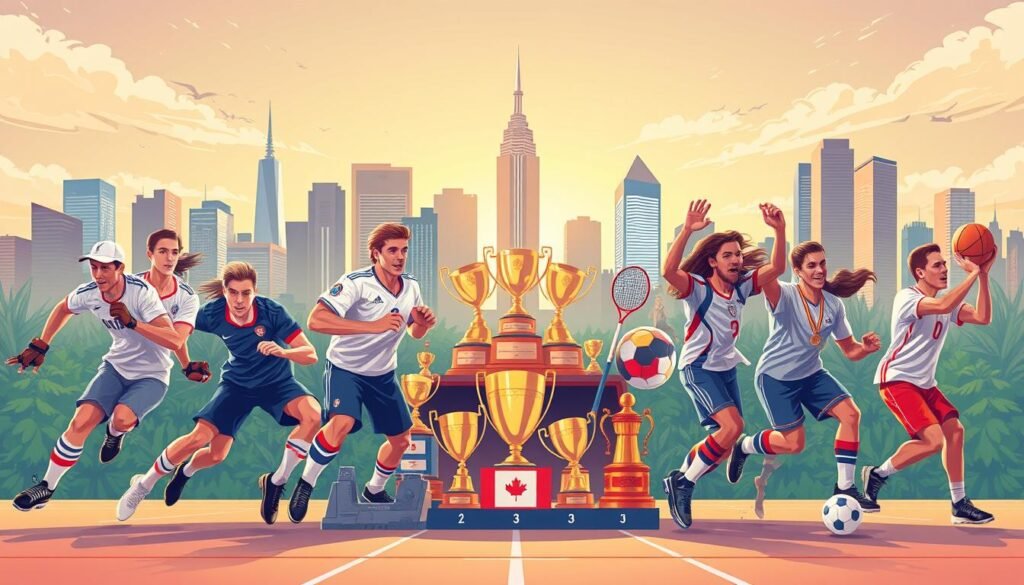 A vibrant, dynamic sports illustration showcasing the collective achievements of the Montreal team. Set against a backdrop of the city's iconic skyline, the foreground features a spirited group of athletes engaged in various athletic pursuits - hockey, soccer, basketball, and more. Captured mid-motion, their determined expressions and fluid movements convey a sense of energy and triumph. The middle ground showcases the team's trophies, medals, and other accolades, artfully arranged to create a visually striking display. The overall lighting is warm and celebratory, evoking the pride and excitement of the team's successes. The composition is balanced, with the athletes and their accomplishments taking center stage, conveying the city's sporting prowess and the team's hard-earned victories.