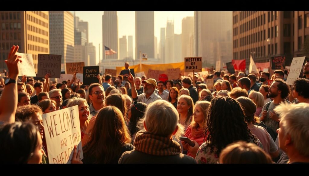 A vibrant public gathering, with a diverse group of people engaged in passionate discourse. In the foreground, a mix of demonstrators holding signs and posters, expressions ranging from determination to empathy. The middle ground features a speaker at a podium, surrounded by a crowd leaning in, captivated by their message. In the background, a cityscape backdrop with towering buildings and a glow of natural light filtering through, creating an atmosphere of community and advocacy. Warm tones, soft shadows, and a sense of energy and movement throughout the scene. A vibrant public gathering, with a diverse group of people engaged in passionate discourse. In the foreground, a mix of demonstrators holding signs and posters, expressions ranging from determination to empathy. The middle ground features a speaker at a podium, surrounded by a crowd leaning in, captivated by their message. In the background, a cityscape backdrop with towering buildings and a glow of natural light filtering through, creating an atmosphere of community and advocacy. Warm tones, soft shadows, and a sense of energy and movement throughout the scene.