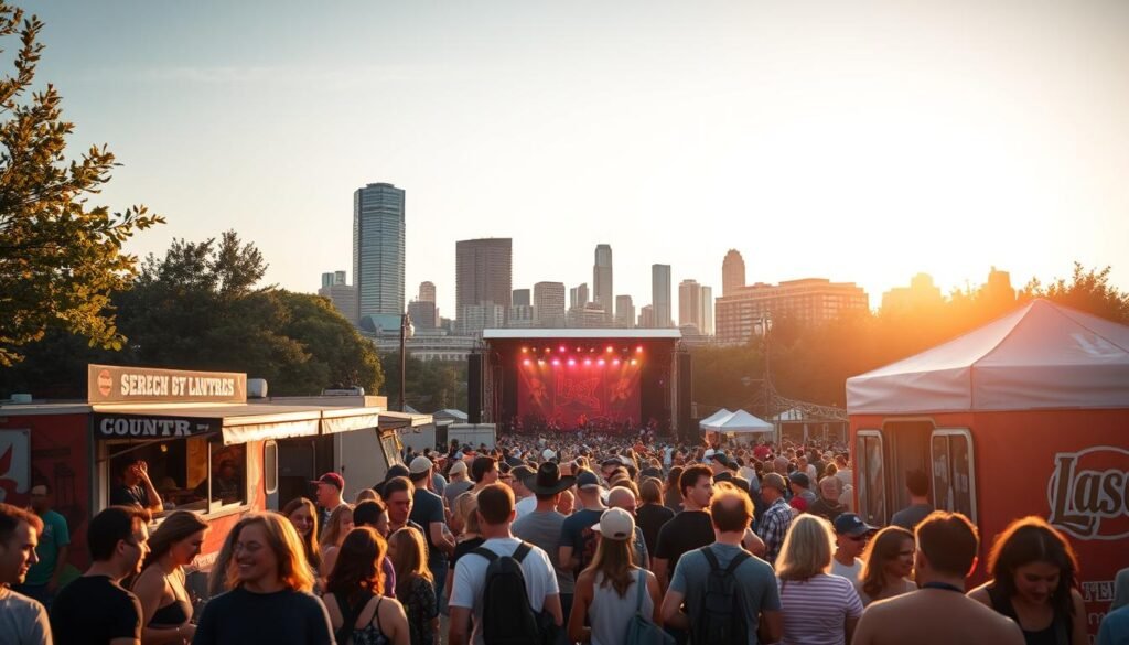 A vibrant scene at the heart of Montreal's Parc Jean-Drapeau, where the Lasso Festival is in full swing. In the foreground, festival-goers gather around food trucks, their laughter and chatter filling the air. In the middle ground, a stage stands tall, the rhythmic beats of country music spilling out into the crowd. Behind them, the iconic skyline of Montreal rises, its skyscrapers and historic buildings creating a stunning backdrop. The lighting is warm and golden, casting a festive glow over the entire scene. The image captures the energy and excitement of a weekend spent immersed in the sights, sounds, and flavors of this beloved urban festival.