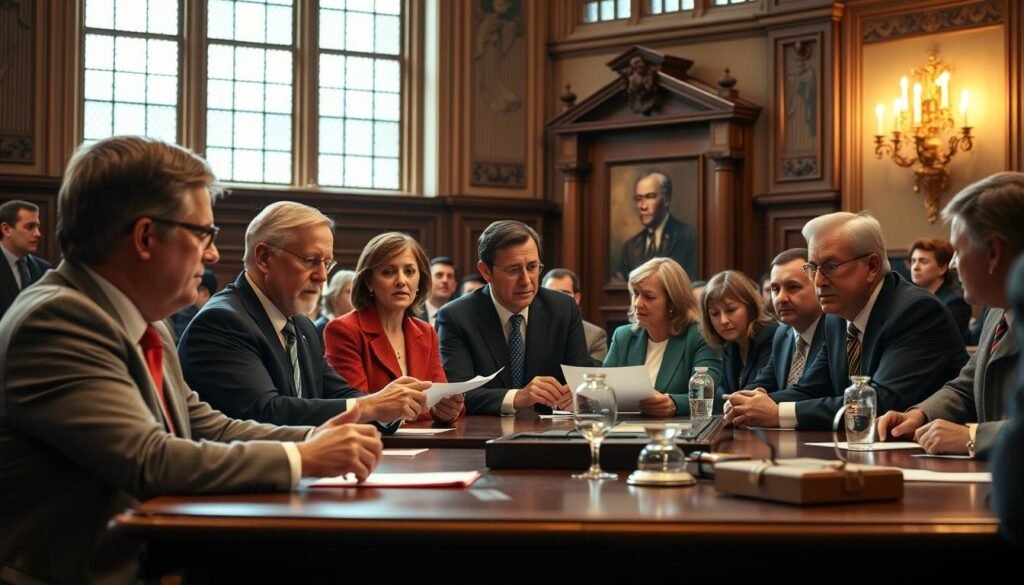 A vibrant scene in a government chamber, with MPs and premiers gathered around a table, engaged in a serious discussion. Soft, warm lighting illuminates their faces, conveying a sense of thoughtful deliberation. The atmosphere is one of measured poise and respectful debate, as they navigate the nuanced issues of national sovereignty and Canada's global standing. Their expressions are focused, their body language attentive, reflecting the gravity of the moment. The room's architecture, with its ornate details and grand windows, provides a stately backdrop, reinforcing the importance of the proceedings. This image captures the essence of a political discourse aimed at maintaining Canada's unique identity and integrity on the world stage.