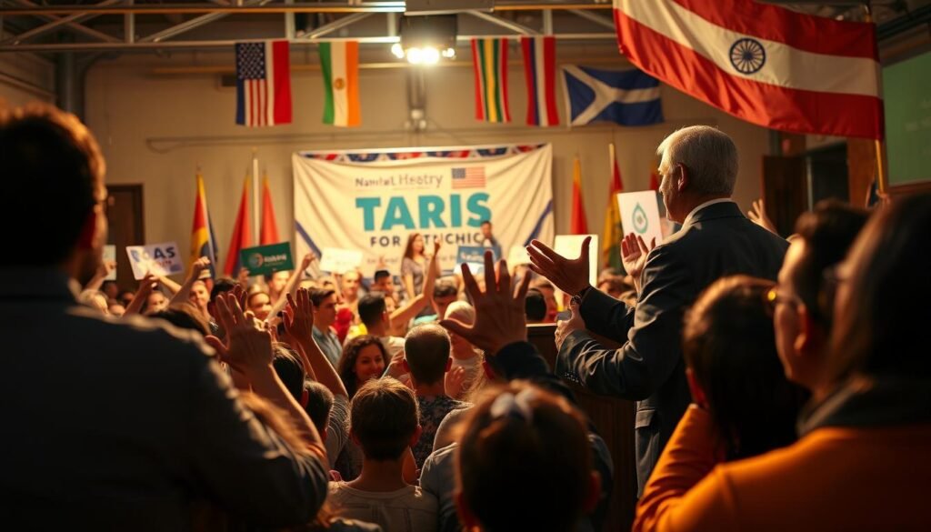 A vibrant scene of a fundraising event for a social cause, with a charismatic leader addressing a crowd of engaged supporters. The foreground features the speaker standing at a podium, radiating confidence and passion, their gestures inspiring the audience. The middle ground showcases a diverse group of attendees, some nodding in agreement, others raising their hands enthusiastically. In the background, a backdrop of flags, banners, and signage highlights the cause, creating an atmosphere of unity and public impact. Warm lighting casts a glow over the scene, accentuating the sense of purpose and community. The overall composition conveys the power of effective leadership, the impact of grassroots fundraising, and the transformative potential of collective action.