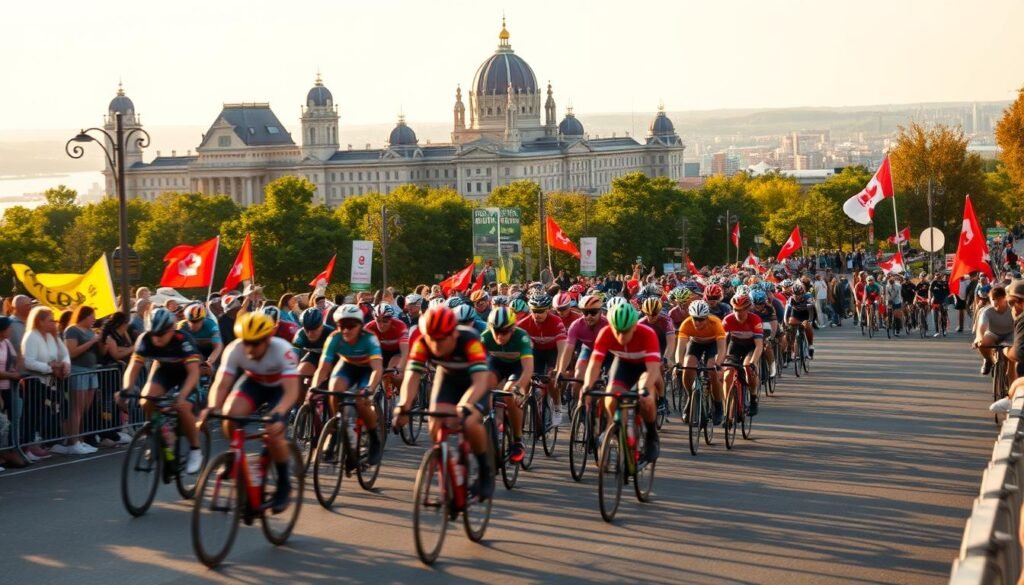 A vibrant scene of the annual Tour de l'Île cycling event in Montreal. The foreground features a peloton of cyclists in colorful jerseys speeding through the streets, their wheels blurring with motion. In the middle ground, spectators line the sidewalks, waving flags and cheering enthusiastically. The background showcases the iconic landmarks of Montreal's skyline, including the distinctive architecture of the Mount Royal and the St. Lawrence River in the distance. The scene is bathed in warm, golden-hour lighting, creating a sense of energy and celebration. The perspective is from slightly elevated, capturing the dynamic movement and scale of the event. Overall, the image conveys the excitement and community spirit of this beloved Montreal cycling tradition.