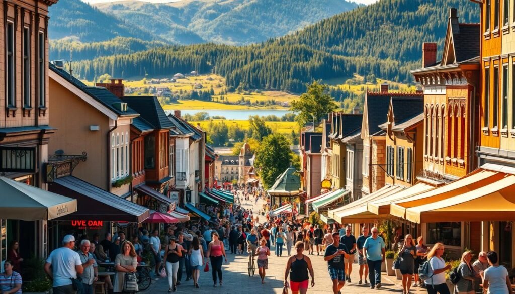 A vibrant, sun-drenched scene of the picturesque province of Quebec, Canada. In the foreground, a lively street filled with cheerful locals enjoying outdoor cafes, boutiques, and bustling markets. In the middle ground, historic buildings with charming French-inspired architecture cast warm, golden shadows. The background showcases the stunning natural beauty of the region, with rolling hills, dense forests, and a serene, glistening lake. The entire landscape is bathed in a soft, dreamlike light, creating an atmosphere of tranquility, joy, and a deep sense of community. This image captures the essence of Quebec as the happiest province in Canada.