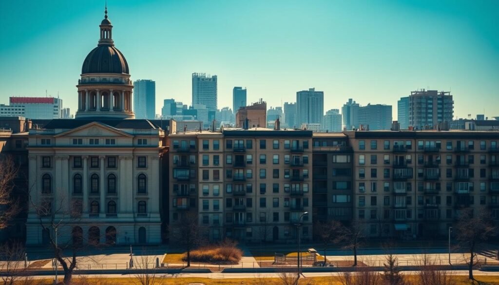 A well-lit cityscape with a prominent city hall or government building in the foreground, symbolizing governance and transparency. In the middle ground, a row of apartment buildings, some in disrepair, highlighting the issue of landlord accountability. The background features a clear, blue sky, conveying a sense of optimism and the potential for positive change. The scene is captured with a wide-angle lens, emphasizing the interconnectedness of the various elements. The overall mood is one of civic responsibility, with a focus on promoting fair and accountable housing practices.
