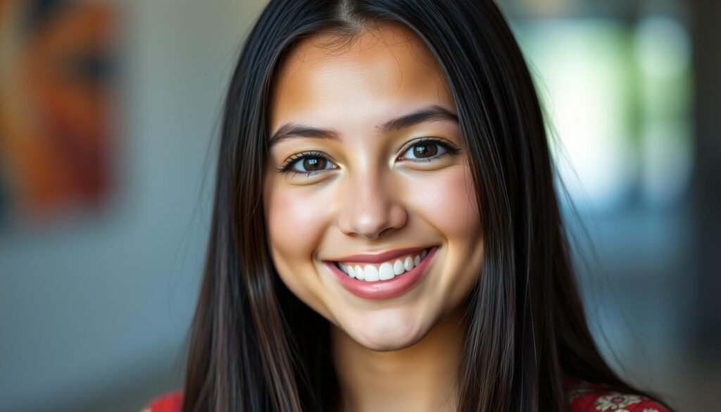 A well-lit, high-resolution portrait of Jessy Lee Desjardins, a young woman with long, dark hair and bright, expressive eyes. She has a warm, friendly smile and is wearing a simple, stylish outfit. The background is slightly blurred, focusing the viewer's attention on her face and upper body. The lighting is soft and flattering, creating subtle shadows and highlights that accentuate her features. The overall mood is one of approachability and confidence, capturing the essence of Jessy Lee Desjardins as an engaging, dynamic individual.