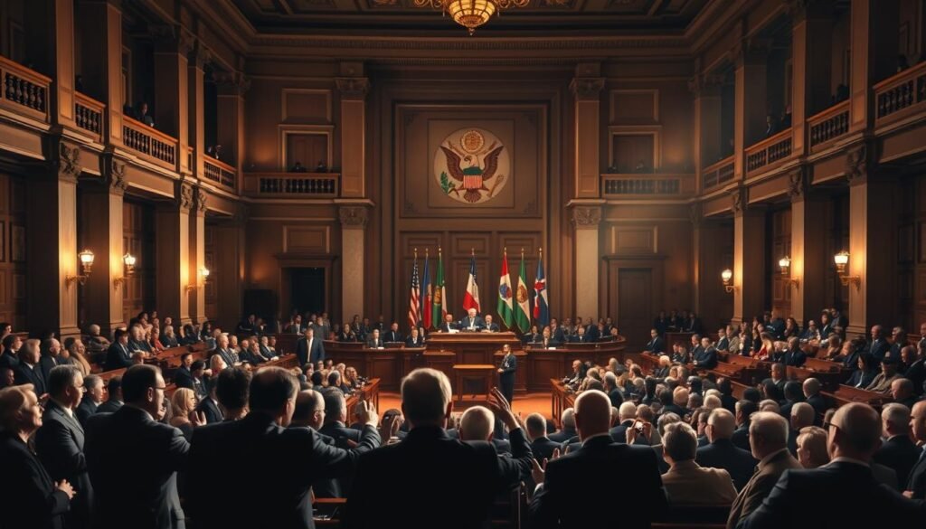 A well-lit interior scene of a grand national assembly hall, with high ceilings, ornate columns, and rows of wooden benches. In the foreground, a group of lawmakers engaged in heated discussion, gesturing animatedly. Subtle lighting casts dramatic shadows, creating a sense of political tension and urgency. In the middle ground, the speaker's podium is the focal point, surrounded by a sea of attentive faces. The background features the national emblem and flags, symbolizing the gravity of the proceedings. The overall atmosphere conveys a sense of democratic process and political response unfolding within the hallowed halls of the national assembly.
