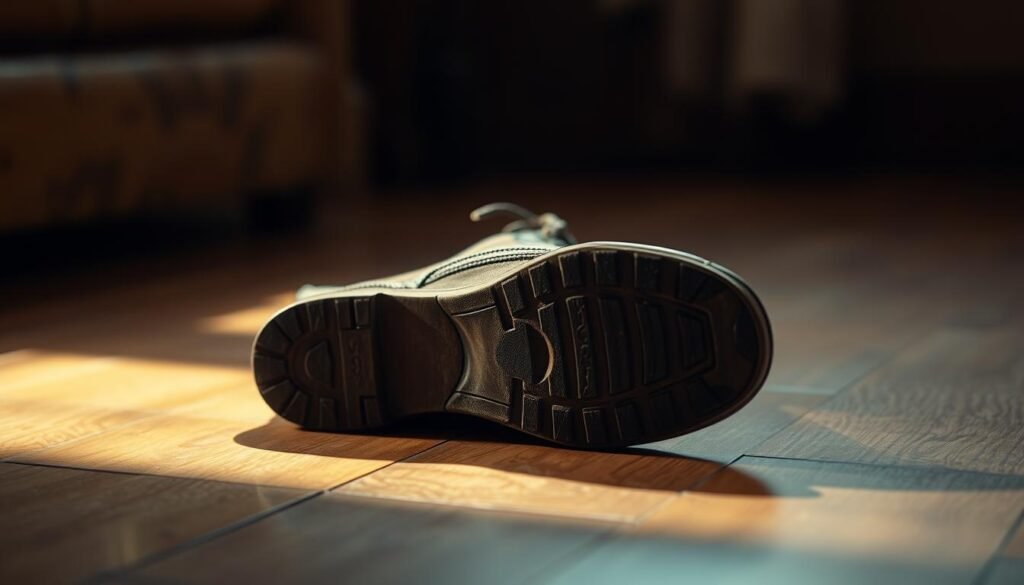 A well-worn leather shoe, its sole imprinted with the marks of a journey, lies on a dimly lit wooden floor. The shoe appears to be a symbol, a narrative imprint of a decision made, a path chosen. Soft, warm lighting casts gentle shadows, lending an introspective atmosphere. The shoe is the central focus, commanding attention, while the background fades into a hazy, dreamlike abstraction, allowing the viewer to ponder the significance of this solitary object. The image conveys a sense of contemplation, of a pivotal moment captured in time, where a single footprint represents the weight of a choice.