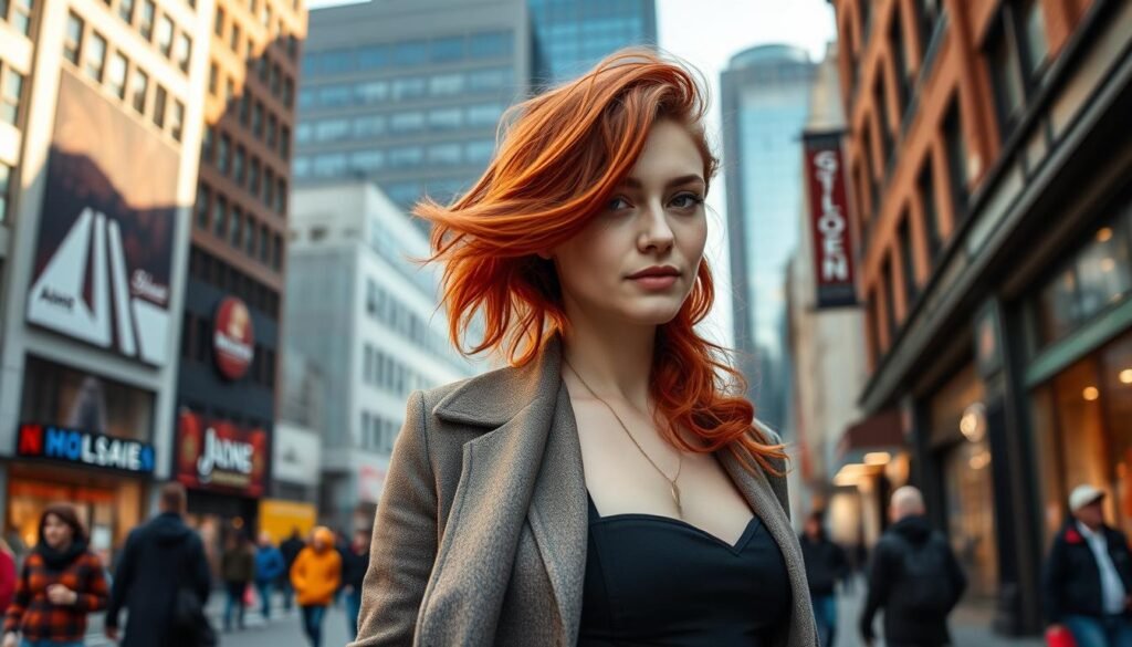 A young woman, Annie Soleil Proteau, stands in the bustling streets of Montréal, her vibrant red hair cascading around her face. She exudes a confident, artistic aura, dressed in a chic, modern outfit that reflects the city's stylish flair. The image is captured with a medium-wide lens, allowing the viewer to see her in the context of her urban surroundings - the towering buildings, the bustling pedestrians, and the unique architectural details that characterize the Montréal cityscape. The lighting is soft and flattering, creating a warm, inviting atmosphere that showcases Annie's poise and grace. The overall mood is one of inspiration and creative energy, reflecting the subject's passion for filmmaking and her role as the subject of the documentary.