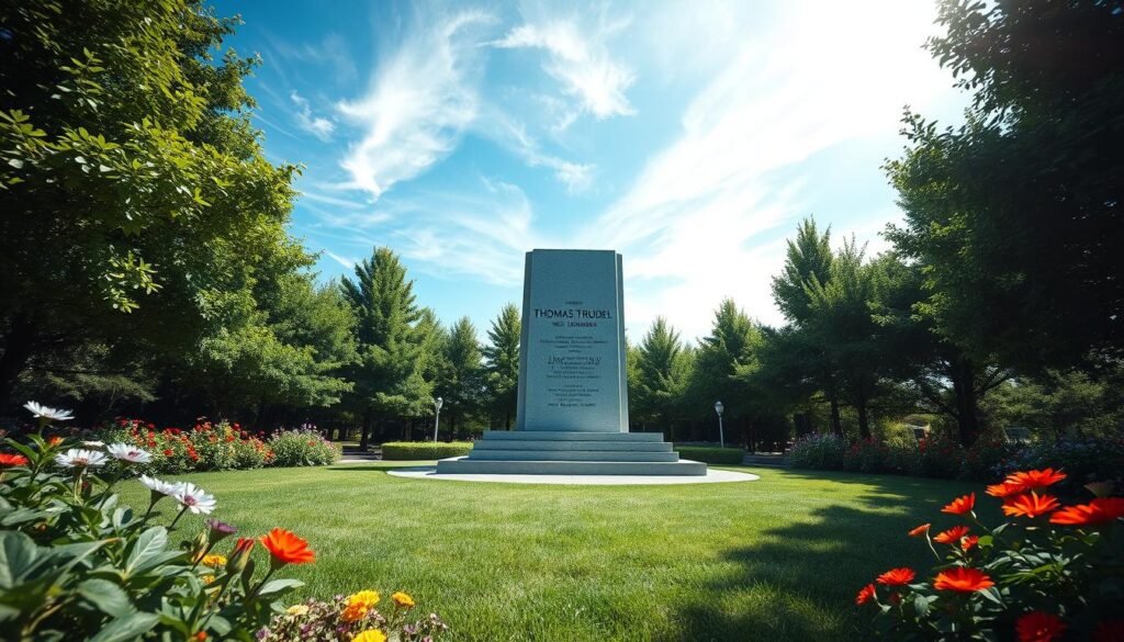 Designing a lasting tribute: A serene memorial garden with a central monument honoring Thomas Trudel, a beloved web designer. The monument stands tall, its elegant lines and polished granite surface reflecting the sunlight. Lush greenery and vibrant flowers surround the monument, creating a peaceful and contemplative atmosphere. In the background, a clear blue sky with wispy clouds, conveying a sense of tranquility and hope. The scene is captured through a wide-angle lens, allowing the viewer to fully immerse themselves in the reverent setting, paying tribute to Thomas' life and legacy as a talented web designer.