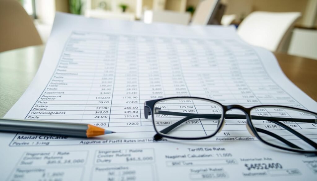 Detailed blueprint for a financial calculation spreadsheet, displayed on a metallic desk surface. Soft natural lighting illuminates the various cells, formulas, and numerical data. In the foreground, a mechanical pencil and a pair of reading glasses sit neatly arranged. The middle ground showcases the spreadsheet interface, with carefully organized rows and columns denoting tariff rates, duties, and other import-related calculations. The background features a blurred office setting, suggesting a professional, analytical environment. The overall mood is one of precision, diligence, and financial expertise.