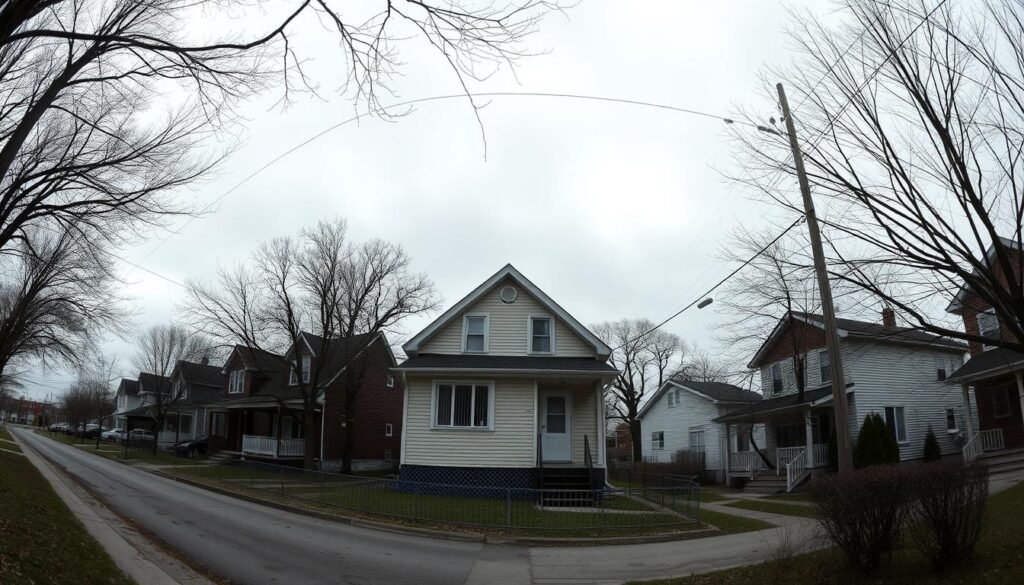 Detailed panoramic scene of a residential neighborhood in Ahuntsic-Cartierville, Montreal, on a cloudy March day. Unassuming single-family homes line the streets, with trees and power lines framing the view. The focal point is a modest two-story house, its exterior slightly weathered, standing solemnly amidst the otherwise tranquil setting. An atmosphere of quiet contemplation pervades the scene, hinting at the unsettling events that took place here on March 12, 2018 - the day a young boy mysteriously vanished without a trace. Detailed panoramic scene of a residential neighborhood in Ahuntsic-Cartierville, Montreal, on a cloudy March day. Unassuming single-family homes line the streets, with trees and power lines framing the view. The focal point is a modest two-story house, its exterior slightly weathered, standing solemnly amidst the otherwise tranquil setting. An atmosphere of quiet contemplation pervades the scene, hinting at the unsettling events that took place here on March 12, 2018 - the day a young boy mysteriously vanished without a trace.