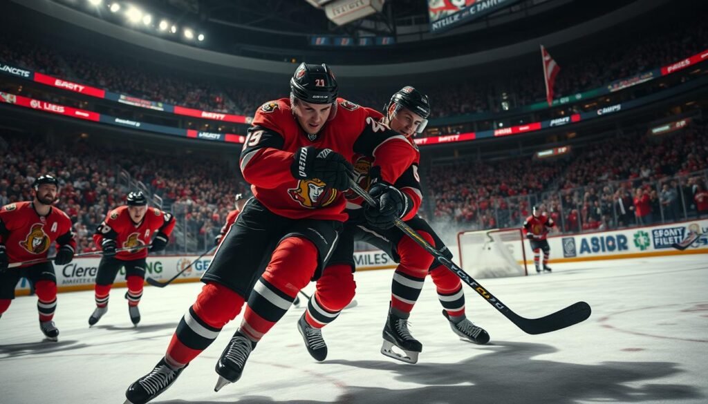 Dramatic hockey action as the Ottawa Senators mount a fierce counterattack. In the foreground, forwards Drake Batherson and Tim Stützle battle fiercely, their intense expressions and dynamic poses conveying the intensity of the moment. The middle ground captures the blur of sticks and skates as the Senators surge forward, their jerseys flashing in the bright arena lights. In the background, the crowd roars their approval, the stadium's architecture looming large. Dramatic shadows and highlights accentuate the players' muscular forms, while a shallow depth of field keeps the focus on the central action. An adrenaline-fueled scene of NHL playoff hockey. Dramatic hockey action as the Ottawa Senators mount a fierce counterattack. In the foreground, forwards Drake Batherson and Tim Stützle battle fiercely, their intense expressions and dynamic poses conveying the intensity of the moment. The middle ground captures the blur of sticks and skates as the Senators surge forward, their jerseys flashing in the bright arena lights. In the background, the crowd roars their approval, the stadium's architecture looming large. Dramatic shadows and highlights accentuate the players' muscular forms, while a shallow depth of field keeps the focus on the central action. An adrenaline-fueled scene of NHL playoff hockey.