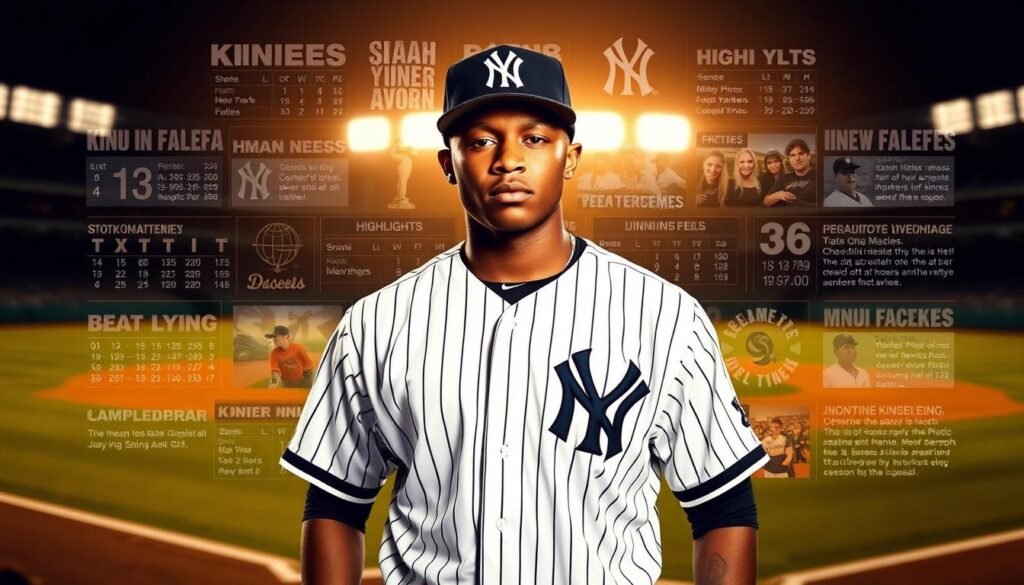 Isiah Kiner-Falefa standing in a baseball diamond, wearing his New York Yankees uniform, positioned in the foreground with a determined expression. Behind him, a collection of his baseball stats, achievements, and highlight reels displayed in a dynamic collage, illuminated by soft, golden lighting. The background features a blurred silhouette of a baseball stadium, evoking the grandeur and intensity of the sport. The overall composition conveys Kiner-Falefa's impressive career and the challenges he has faced, setting the scene for the article's discussion of his recent performance.