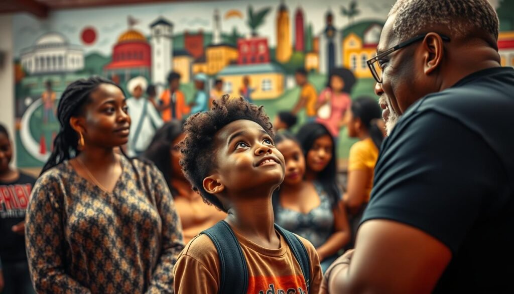Mentorship, Representation, and Community Impact: A powerful portrait of a mentorship program in an urban community. In the foreground, a young mentee looks up admiringly at their mentor, a respected community leader, conveying the transformative impact of guidance and support. The middle ground showcases diverse individuals engaged in meaningful discussions, symbolizing the power of representation and collective impact. In the background, a vibrant mural depicting local landmarks and cultural elements sets the scene, evoking a sense of shared identity and pride. Warm, soft lighting bathes the scene, creating an atmosphere of trust, growth, and lasting change.