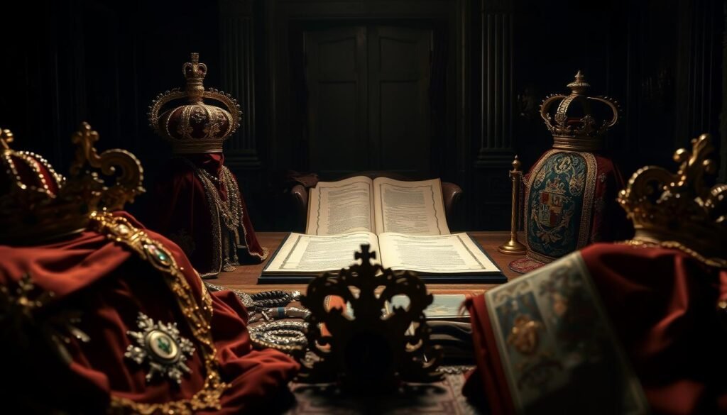 Ornate royal regalia and insignia fill the foreground, casting a somber, formal atmosphere. In the middle ground, meticulously detailed legal documents and parchments speak to the complex web of titles, peerages, and lines of succession. The background is a shadowy, dimly lit room, hinting at the gravity and weight of the subject matter. Dramatic lighting and an elegant, muted color palette evoke a sense of history and tradition. The overall composition conveys the serious legal and political ramifications surrounding the subject.