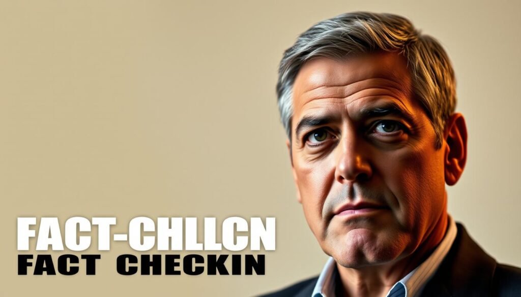 Prompt A bold, authoritative headline in a serious, fact-checking tone dominates the frame, accompanied by a solemn, pensive portrait of George Clooney, his gaze fixed on the viewer. Behind him, a clean, minimalist backdrop with subtle patterns and textures, conveying a sense of focus and clarity. Warm, directional lighting illuminates Clooney's features, casting dramatic shadows and highlighting his expression of thoughtful contemplation. The overall composition strikes a balance between the gravitas of the subject matter and a sense of visual sophistication, inviting the viewer to engage with the content on a deeper level. Prompt A bold, authoritative headline in a serious, fact-checking tone dominates the frame, accompanied by a solemn, pensive portrait of George Clooney, his gaze fixed on the viewer. Behind him, a clean, minimalist backdrop with subtle patterns and textures, conveying a sense of focus and clarity. Warm, directional lighting illuminates Clooney's features, casting dramatic shadows and highlighting his expression of thoughtful contemplation. The overall composition strikes a balance between the gravitas of the subject matter and a sense of visual sophistication, inviting the viewer to engage with the content on a deeper level.