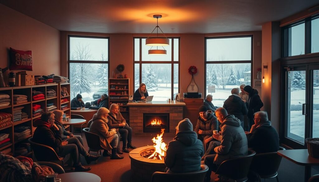 Prompt A warm and inviting interior of a cozy winter warming centre, bathed in soft, ambient lighting. In the foreground, groups of people sit around a crackling fireplace, sipping hot beverages and chatting. Shelves line the walls, stocked with blankets, winter apparel, and other supplies. The middle ground features a reception desk with a friendly staff member assisting visitors. In the background, large windows offer a view of a snow-covered cityscape, highlighting the provincial government's support and readiness for the winter season. An atmosphere of community, comfort, and care pervades the scene.