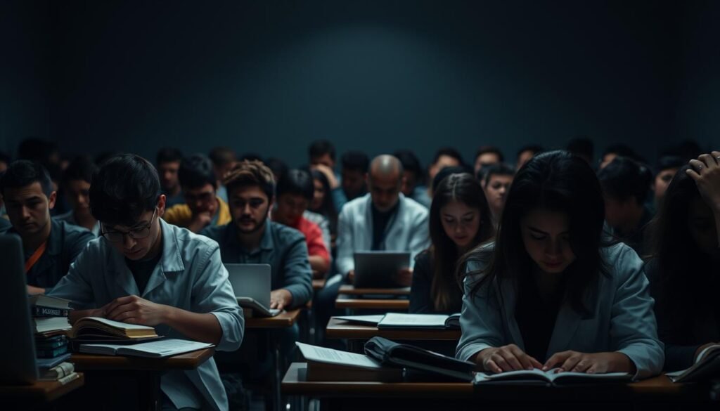 Students sitting in a crowded, dimly-lit classroom, expressions of stress and frustration etched on their faces. Textbooks and laptops scattered on desks, a sense of overwhelming workload. In the background, a blurred image of a doctor in a white coat, symbolizing the tension between medical training and student well-being. Dramatic chiaroscuro lighting casts deep shadows, heightening the sense of intensity and pressure. A palpable feeling of being caught in the crossfire between competing priorities and timelines.